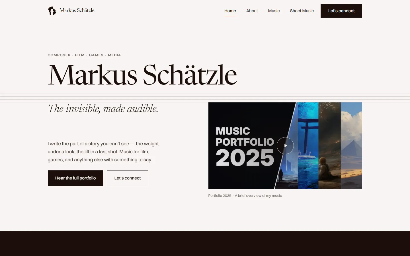 Startseite des Musik-Portfolios von Markus Schätzle mit großer Überschrift „Markus Schätzle — music for film and media“
